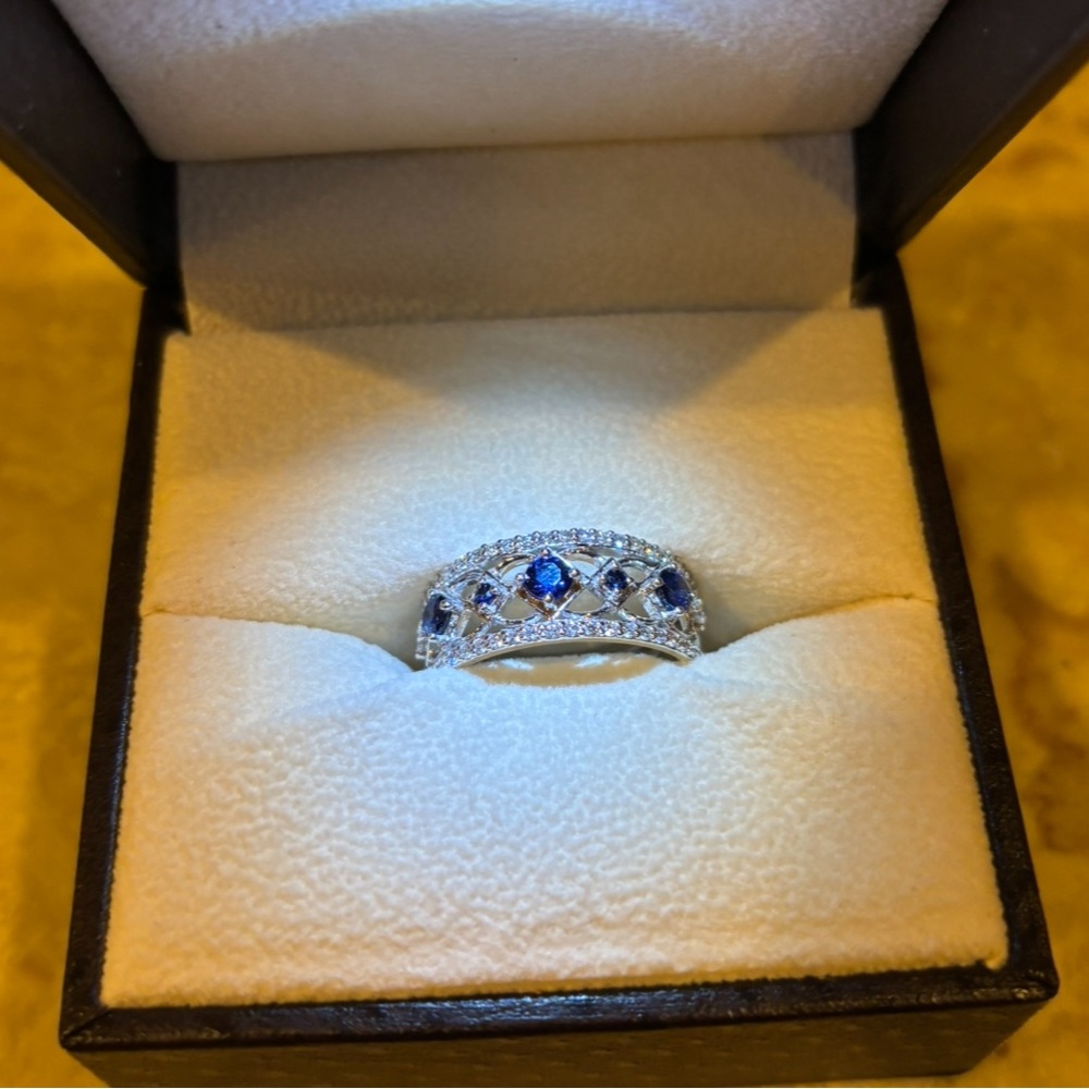 Angara Art Deco Inspired Graduated Sapphire and Diamond Ring size 10.5